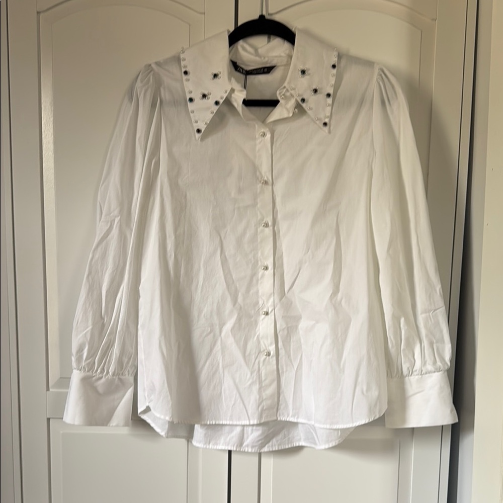 Zara White Shirt with Embellished Collar